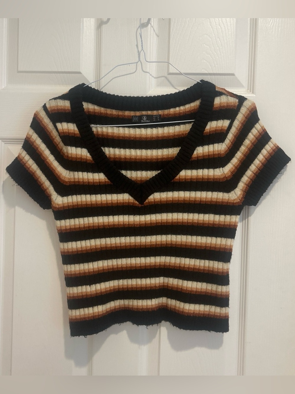 Volcom Striped V-Neck Ribbed Knit Top - Black, Cream, Red, & Orange